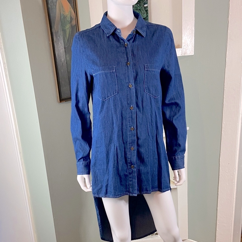 Say What? Denim Chambray High Low Tuxedo Shirttail Tunic Shirt Blouse Top Medium - Picture 11 of 11